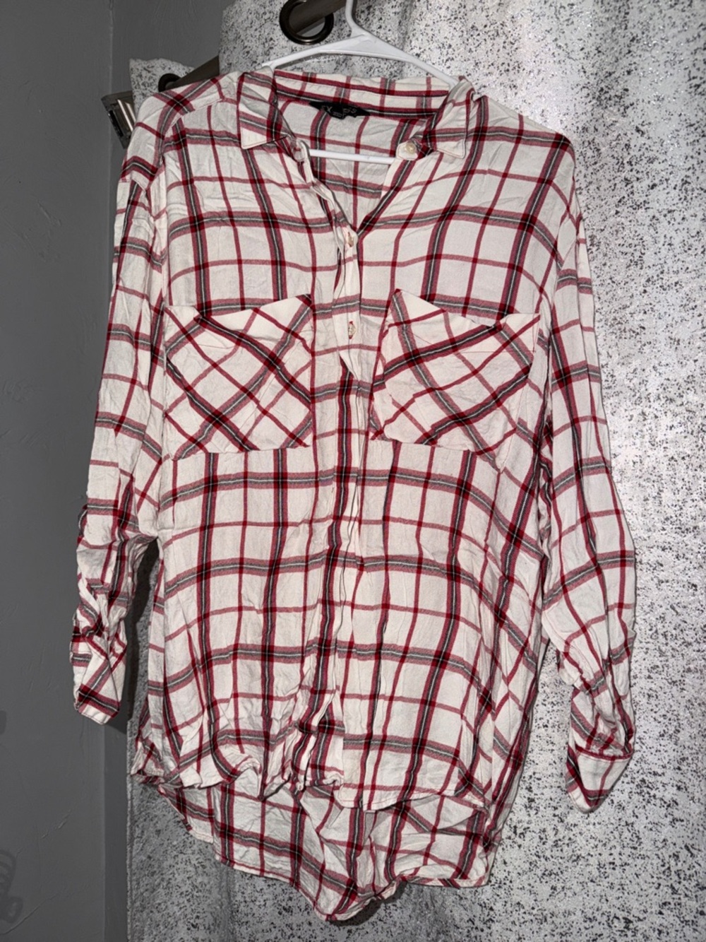 Express White and Red Plaid Button-Up Blouse